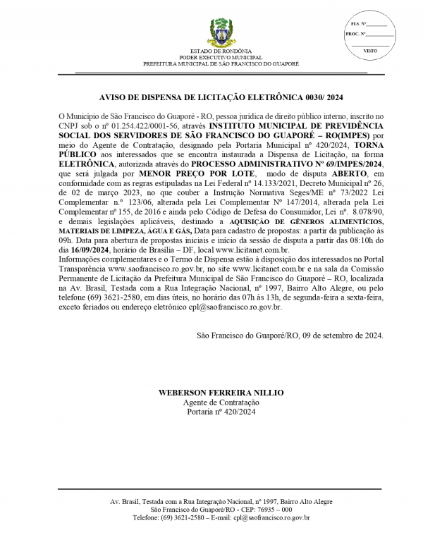 AVISO DE DISPENSA DE LICITAÇÃO ELETRÔNICA 0030/ 2024