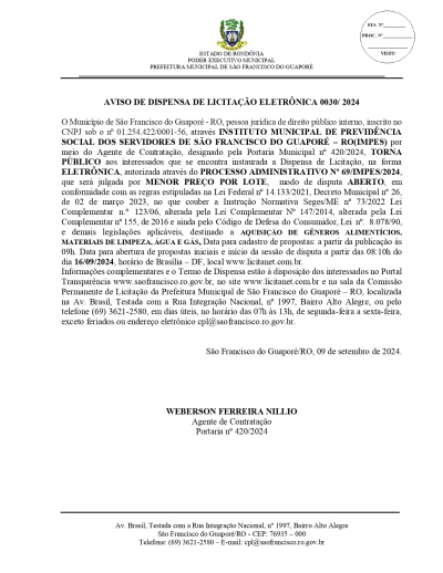 AVISO DE DISPENSA DE LICITAÇÃO ELETRÔNICA 0030/ 2024