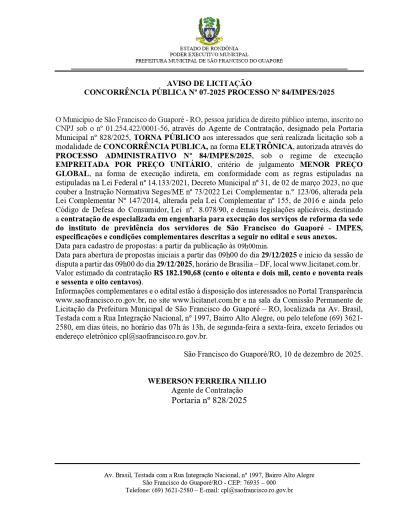 AVISO DE LICITAÇÃO CONCORRÊNCIA PÚBLICA Nº 07-2025 PROCESSO Nº 84/IMPES/2025