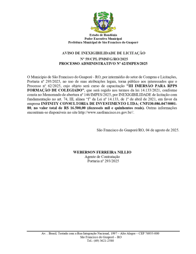 AVISO DE INEXIGIBILIDADE DE LICITAÇÃO Nº 59/CPL/PMSFG/RO/2025