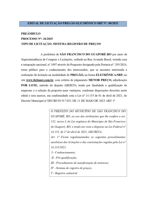 EDITAL DE LICITAÇÃO PREGÃO ELETRÔNICO SRP Nº: 08/2025