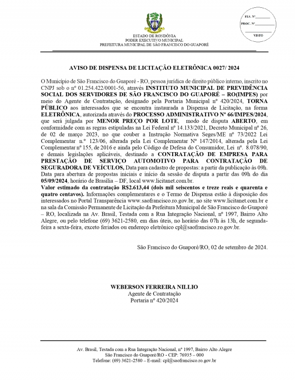 AVISO DE DISPENSA DE LICITAÇÃO ELETRÔNICA 0027/2024