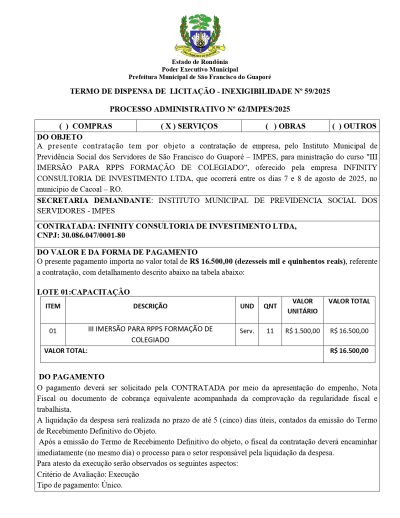 TERMO DE DISPENSA DE LICITAÇÃO - INEXIGIBILIDADE Nº 59/2025