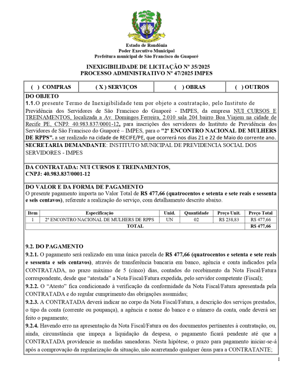 INEXIGIBILIDADE DE LICITAÇÃO Nº 35/2025 PROCESSO ADMINISTRATIVO Nº 47/2025 IMPES
