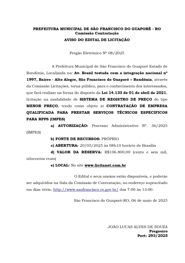 AVISO DO EDITAL DE LICITAÇÃO