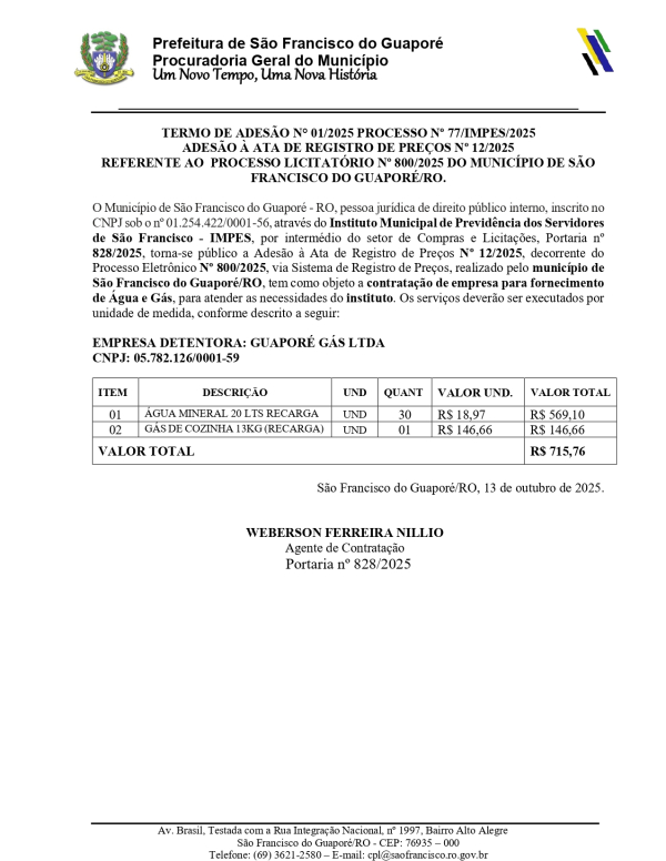 TERMO DE ADESÃO N° 01/2025 PROCESSO Nº 77/IMPES/2025