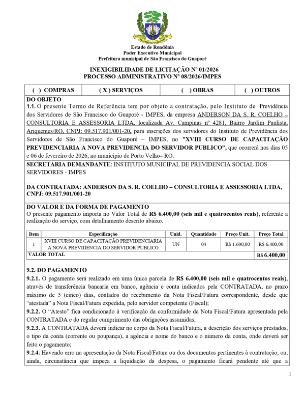 INEXIGIBILIDADE DE LICITA&Ccedil;&Atilde;O N&ordm; 01/2026