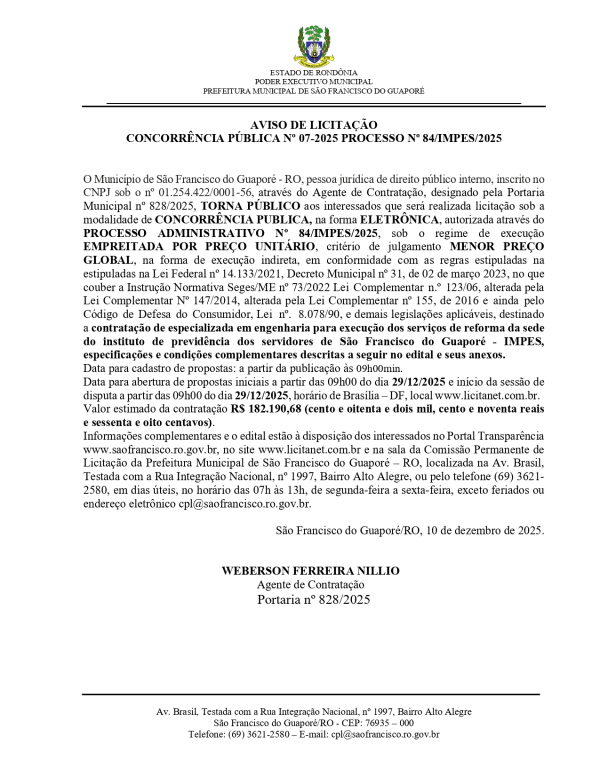 AVISO DE LICITA&Ccedil;&Atilde;O CONCORR&Ecirc;NCIA P&Uacute;BLICA N&ordm; 07-2025 PROCESSO N&ordm; 84/IMPES/2025