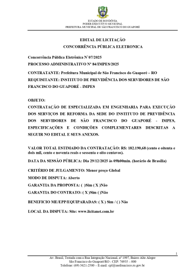 EDITAL DE LICITAÇÃO CONCORRÊNCIA PÚBLICA ELETRONICA Nº 07/2025