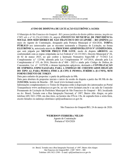 AVISO DE DISPENSA DE LICITAÇÃO ELETRÔNICA 16/2026