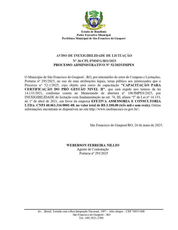 AVISO DE INEXIGIBILIDADE DE LICITAÇÃO   Nº 36/CPL/PMSFG/RO/2025