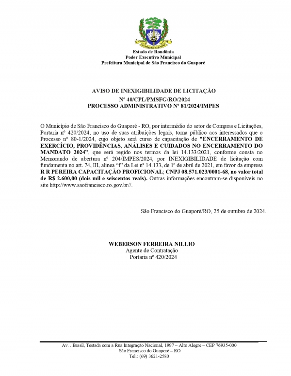 AVISO DE  INEXIGIBILIDADE 40/204