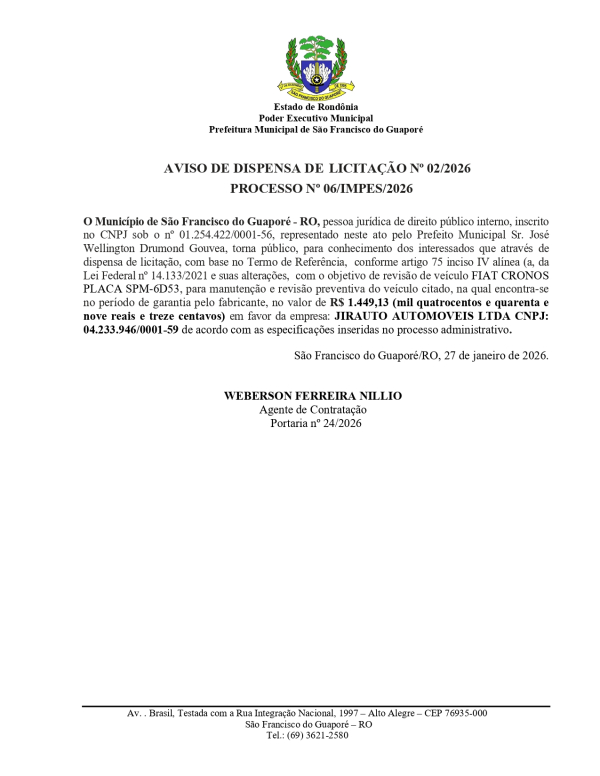 AVISO DE DISPENSA DE LICITA&Ccedil;&Atilde;O N&ordm; 02/2026