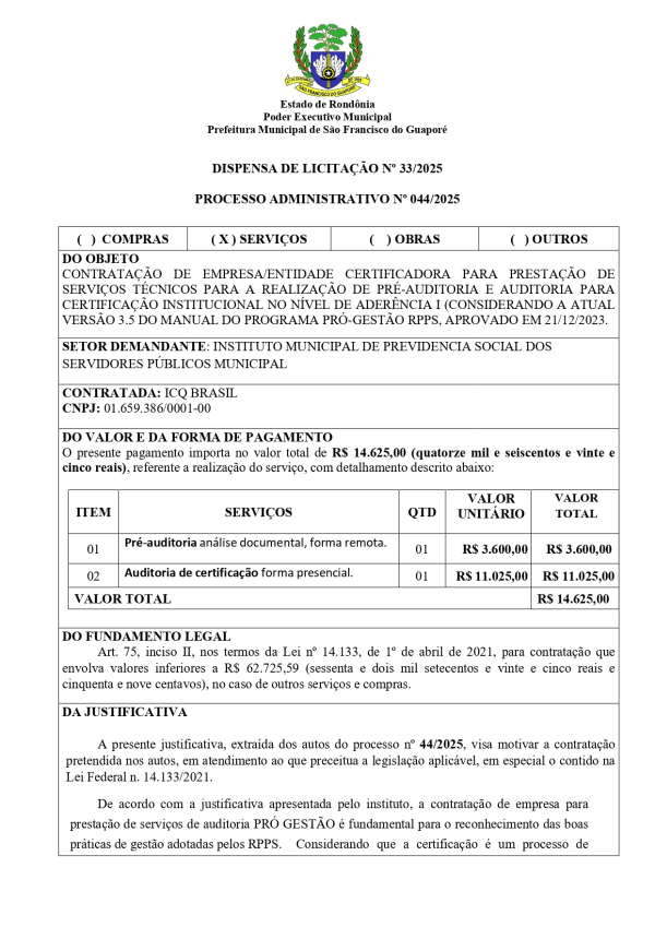 DISPENSA DE LICITAÇÃO Nº 33/2025