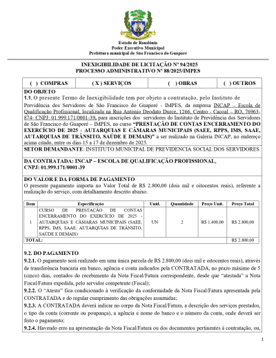 INEXIGIBILIDADE DE LICITAÇÃO Nº 94/2025 PROCESSO ADMINISTRATIVO Nº 88/2025/IMPES