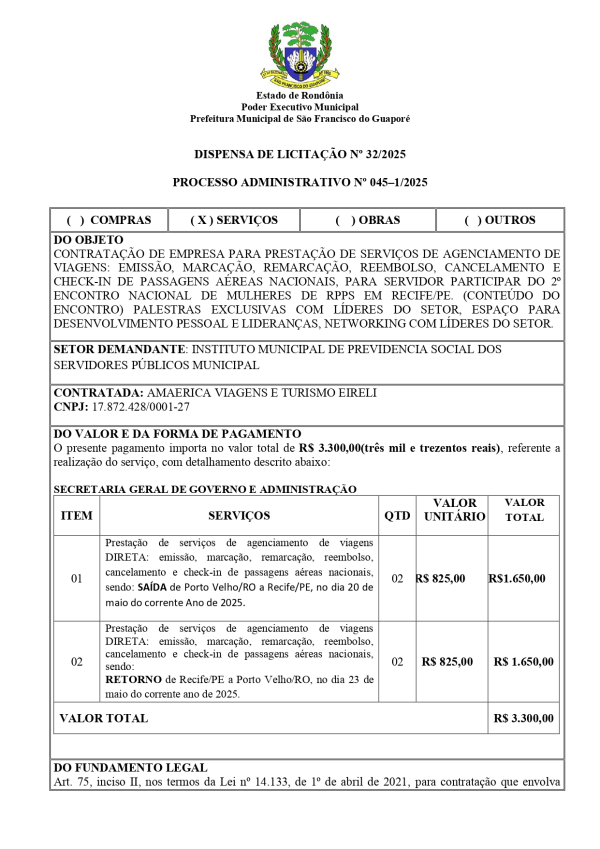 TERMO DE DISPENSA DE LICITAÇÃO  Nº 32/2025