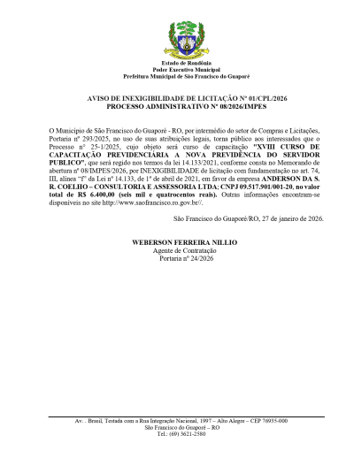 AVISO DE INEXIGIBILIDADE DE LICITAÇÃO Nº 01/CPL/2026